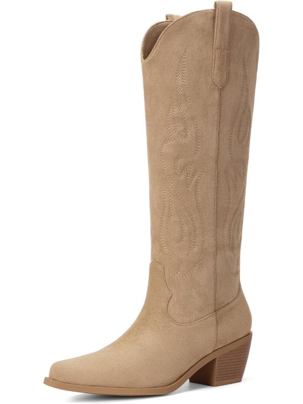 Women's Tan-suede Knee High Wide Calf Cowboy Boots, Pointed Toe Chunky Heel